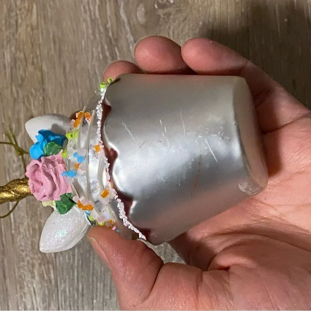 White Unicorn Face CupCake sprinkle Christmas holiday Ornament Blown Glass 4.5”